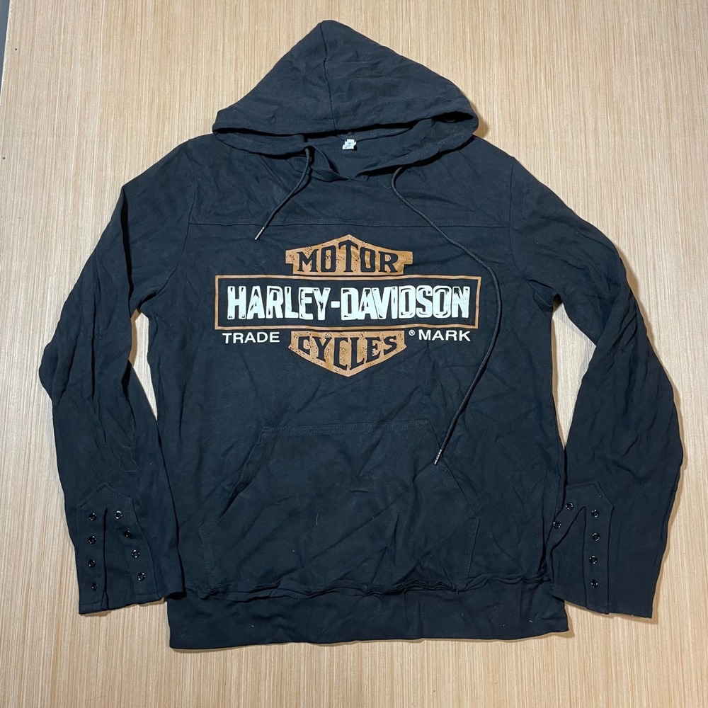 Harley-Davidson Hooded Shirt Womens XL Black Graphic Snap Cuff Raw Hem